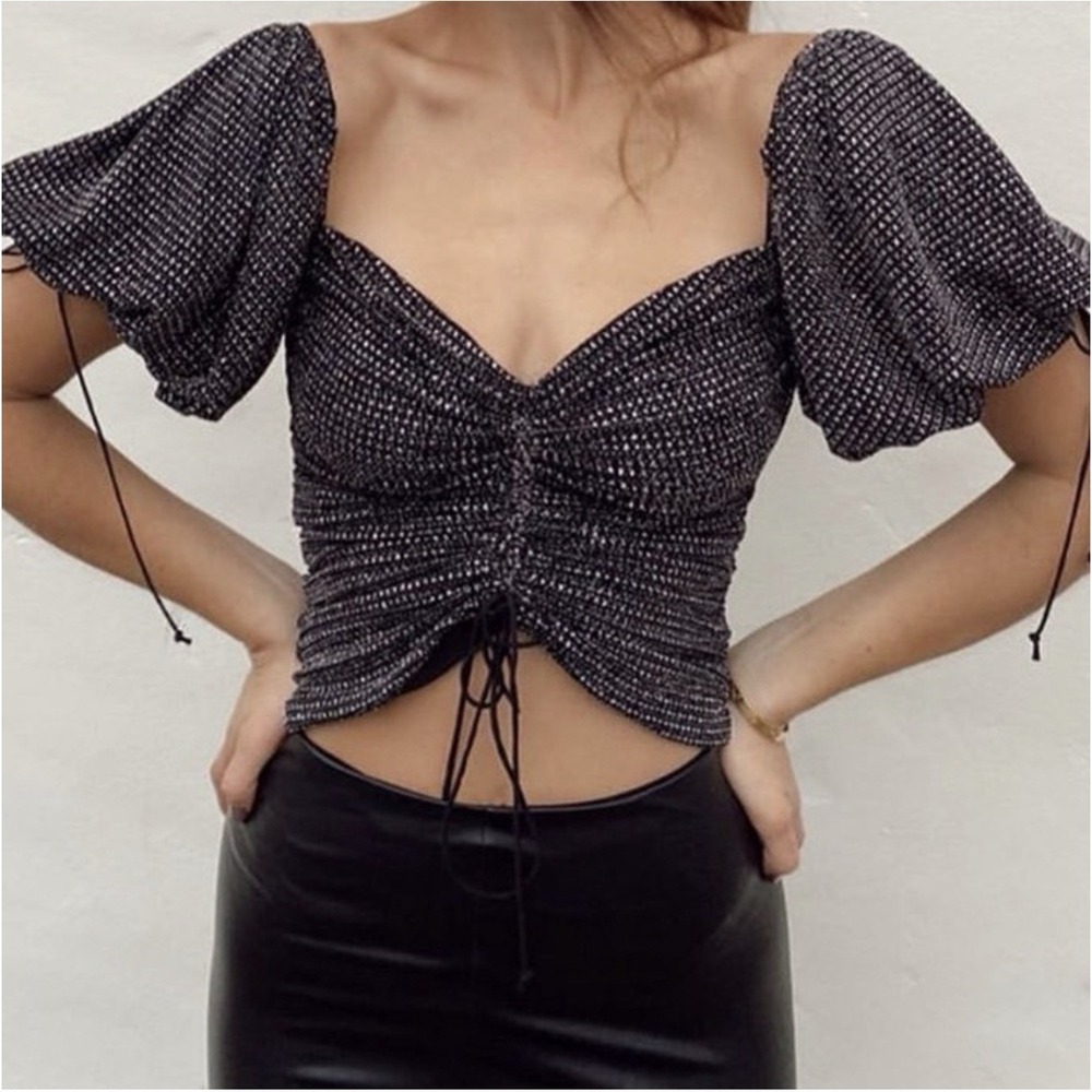 For Love & Lemons Ava Ruched Glitter Puff Sleeve Top Blouse - Size S